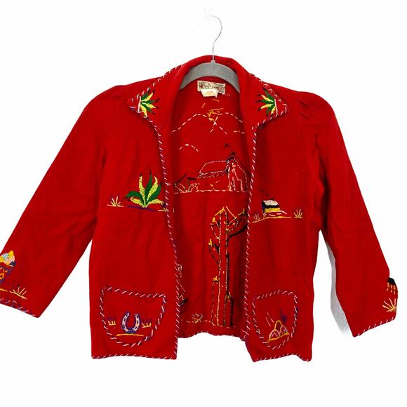 Embroidered Red Wool Jacket Vintage Made in Mexico Agave Horseshoe Sanchez - Picture 1 of 15